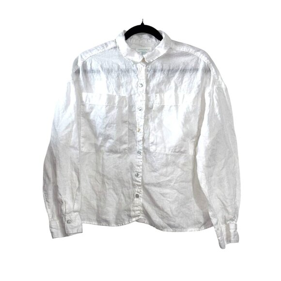 Cynthia Rowley Womens White Linen Button-Down Shirt With Long Sleeves & Front Po - Picture 1 of 6